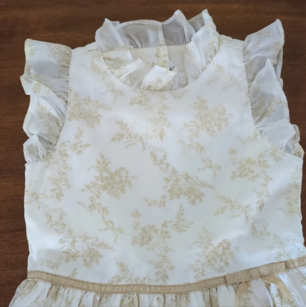 Janie and Jack Girl's Cream Color Shimmer Floral Chiffon Dress girls size 7 NNT - Picture 3 of 8